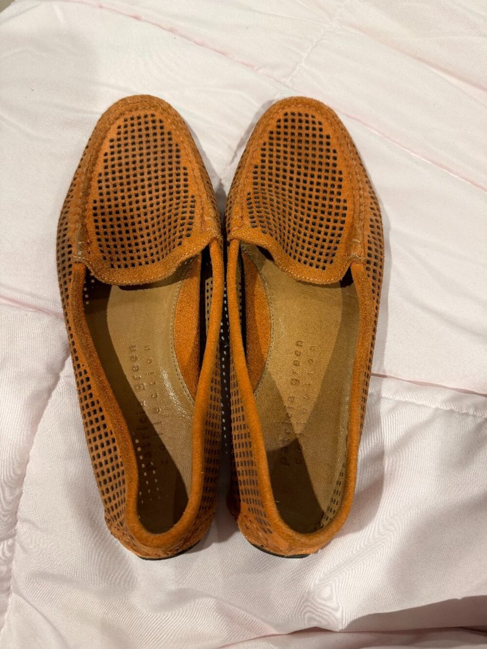 Patricia Green "Barrie" Orange Perforated Suede Driving Loafers